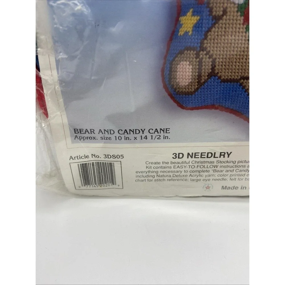 Vintage National Yarn Crafts 3D Needlry Christmas Stocking Kit Bear Candy Cane